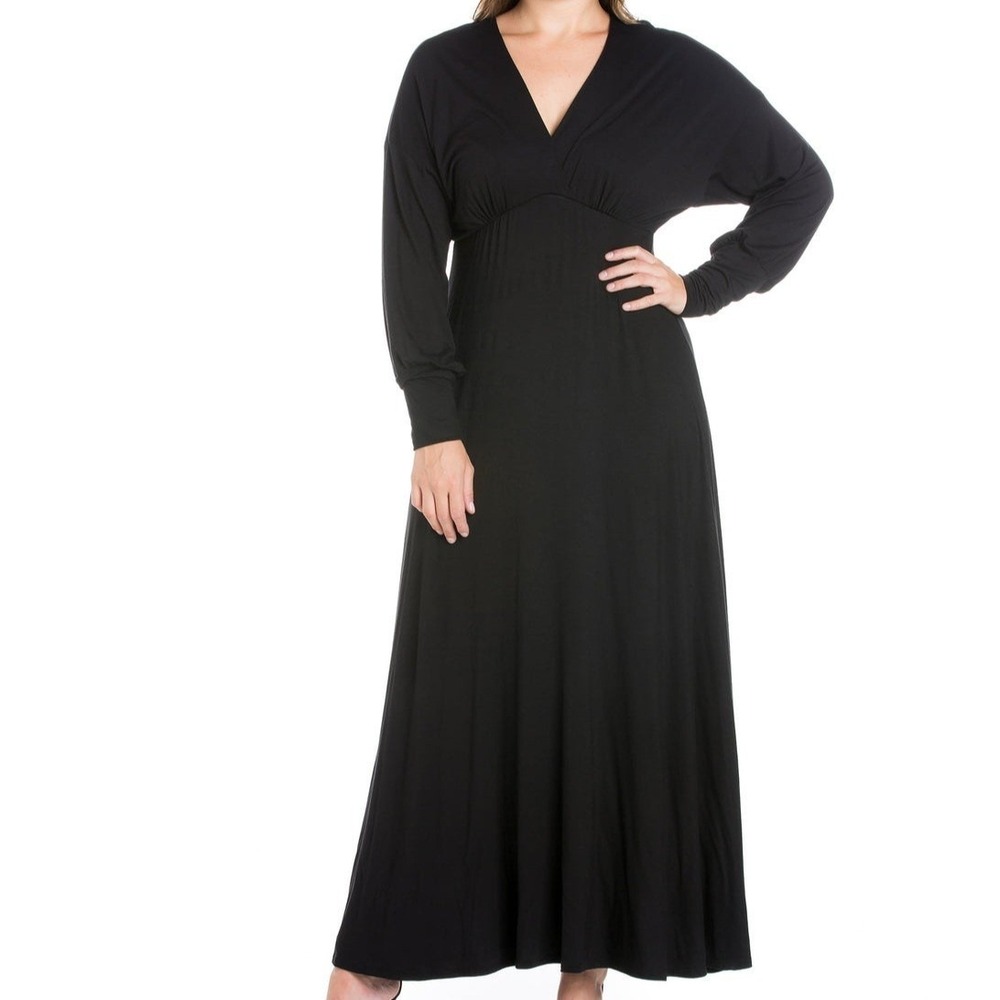24 Seven V Neck Long Sleeve Chic Black Maxi Dress Womens‎ Plus Size 2X NWT